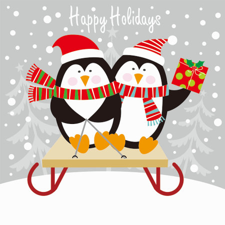 christmas card with penguin skiingのイラスト素材
