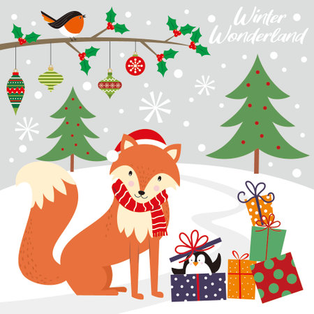 christmas card with fox and penguinのイラスト素材