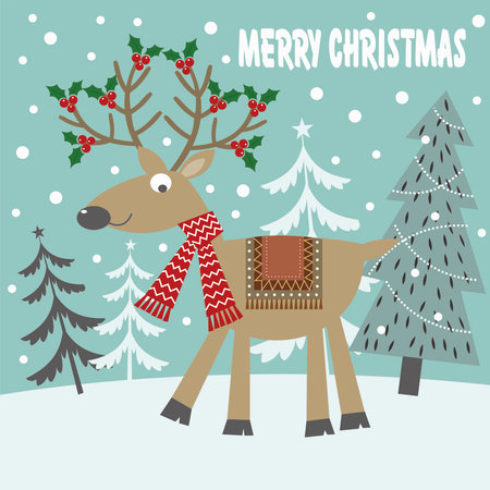 christmas card with reindeer and treeのイラスト素材