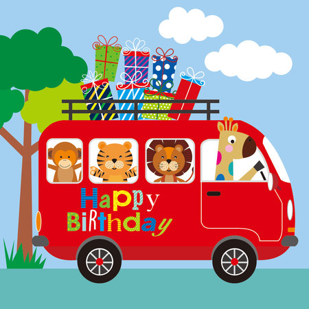 Happy birthday card with cute animals in the carのイラスト素材
