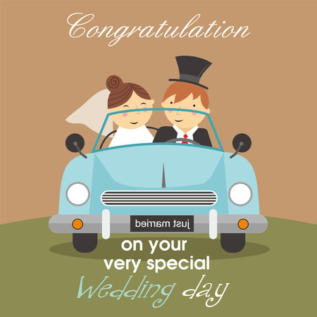 happy wedding day with the bride and groom in the carのイラスト素材
