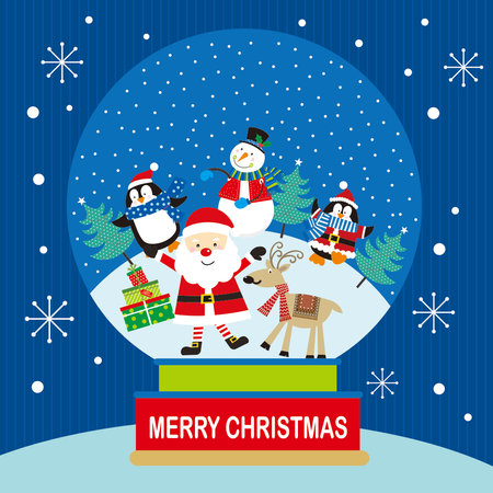 christmas card with santa  snowman  reindeer  penguin and sleighのイラスト素材
