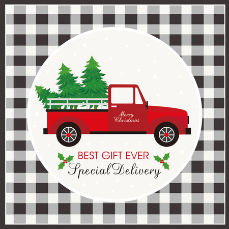 christmas card with christmas tree on the red carのイラスト素材