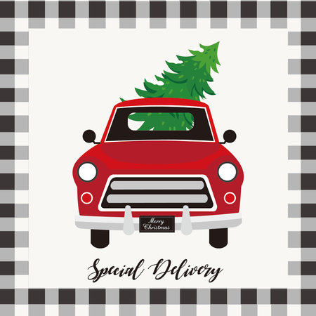 christmas card with christmas tree on the red carのイラスト素材