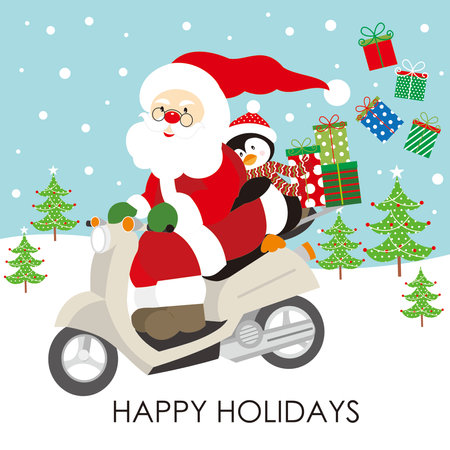 christmas card with santa and penguin on the scooterのイラスト素材