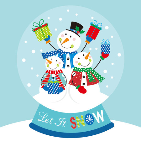 christmas card with snowman in snow globeのイラスト素材