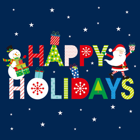 christmas card with santa, snowman and happy holidays textのイラスト素材