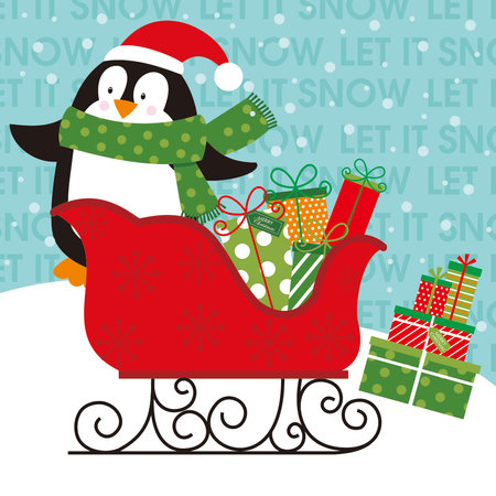 christmas card with penguin,sleigh and giftのイラスト素材