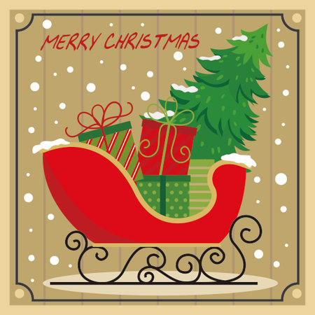 christmas card with sleigh, gift and treeのイラスト素材