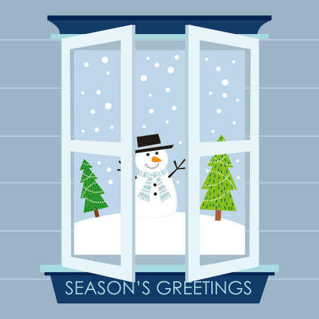 christmas card with snowman and treeのイラスト素材