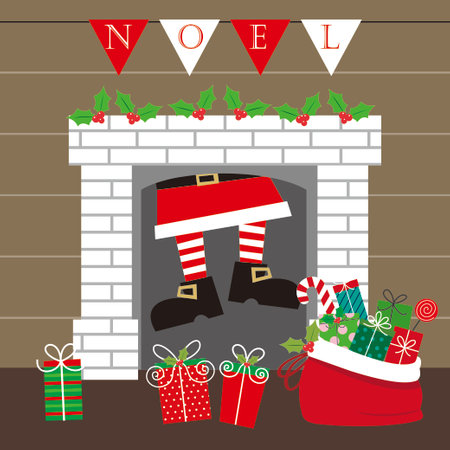 christmas card with santa in the chimney and gifts bagのイラスト素材