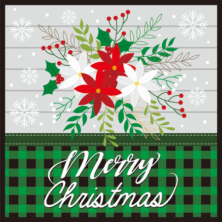 merry christmas greeting card with wreath and buffalo plaidのイラスト素材