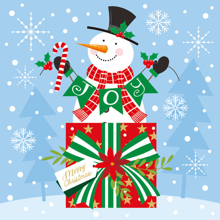 christmas card with snowman on the giftのイラスト素材
