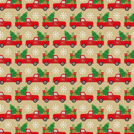 christmas seamless pattern with tree and gifts on the truckのイラスト素材