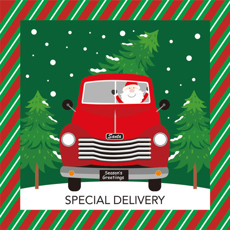 christmas card with sana and tree on the red truckのイラスト素材