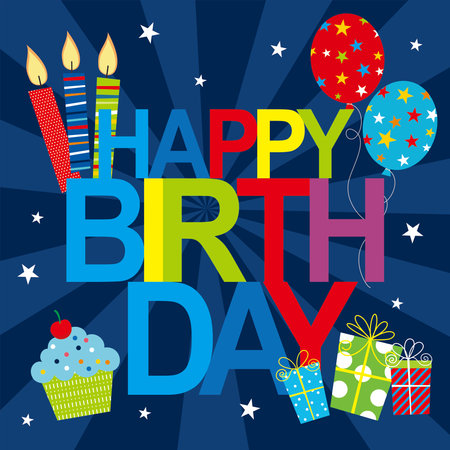 happy birthday card with text  balloons  candles  cake and giftsのイラスト素材
