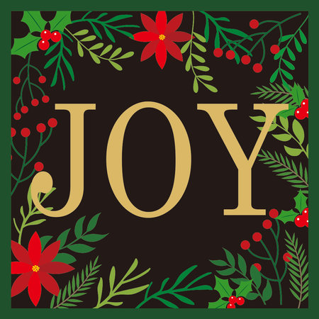 christmas card with joy and wreath flowerのイラスト素材