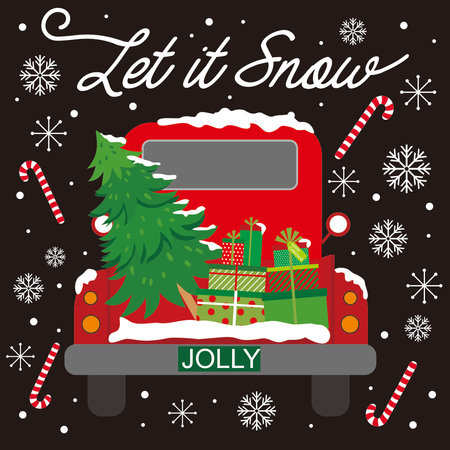 christmas card with tree and gifts on the red truckのイラスト素材
