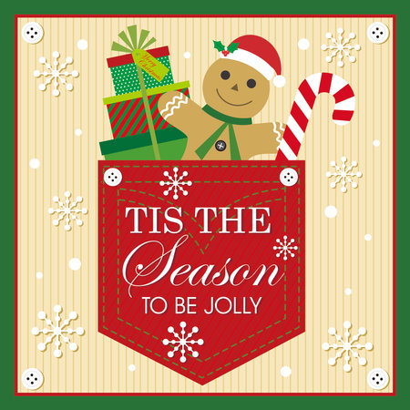 christmas card with gingerbread man, gifts and candy cane in the pocketのイラスト素材