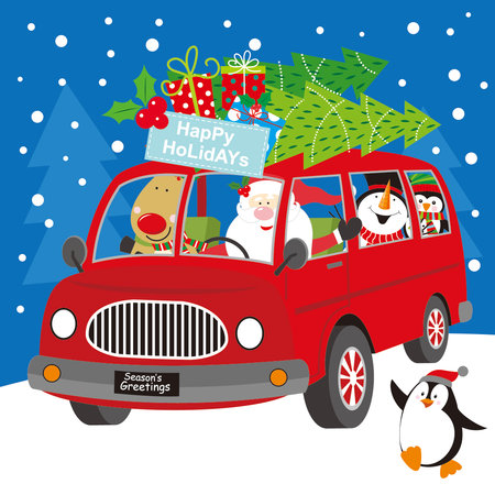 christmas card with santa, reindeer, snowman and penguin in the carのイラスト素材