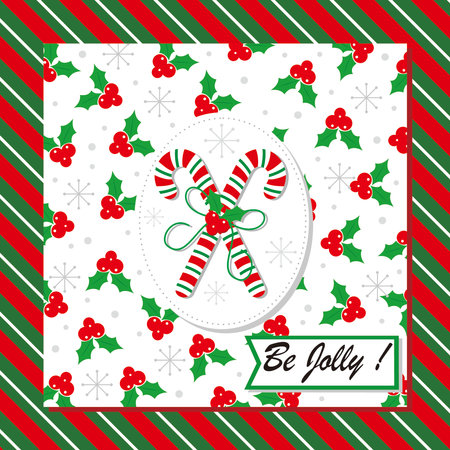 christmas card with candy cane and berry patternのイラスト素材