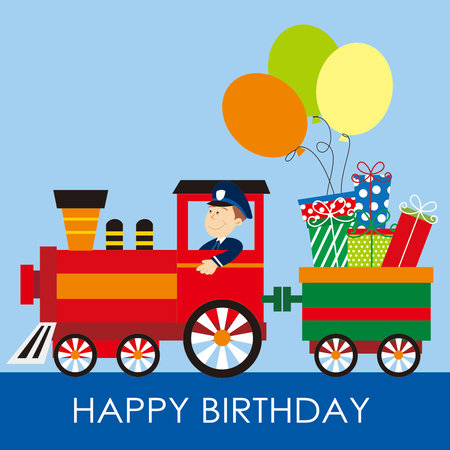 birthday card with gifts and balloons on the trainのイラスト素材