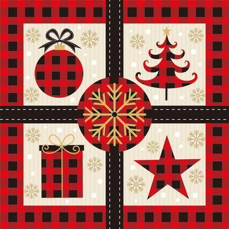 christmas card with christmas tree  ball  gift  star and buffalo plaidのイラスト素材