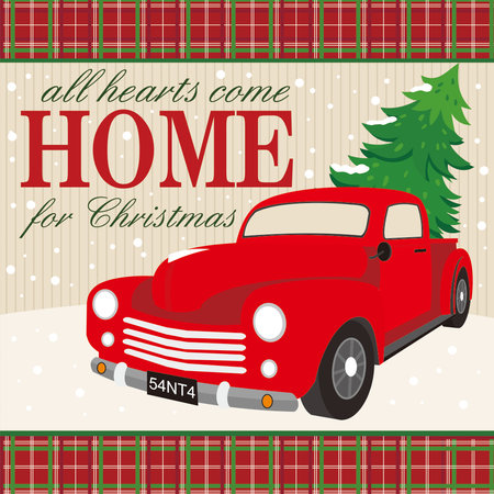 vintage christmas card with car and treeのイラスト素材