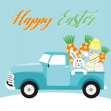 happy easter with bunny, chicken carrot and egg on the carのイラスト素材