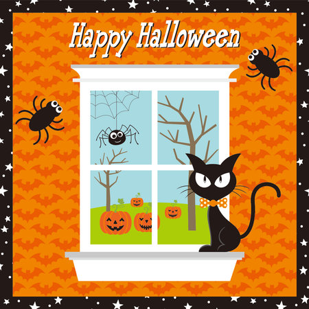 happy halloween with black cat on the windowのイラスト素材