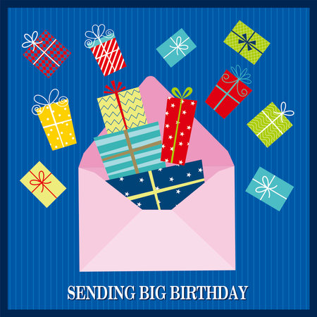 Birthday card with colorful gifts in the envelopeのイラスト素材