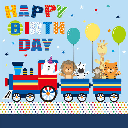 birthday party card with lion  tiger and giraffe on the trainのイラスト素材