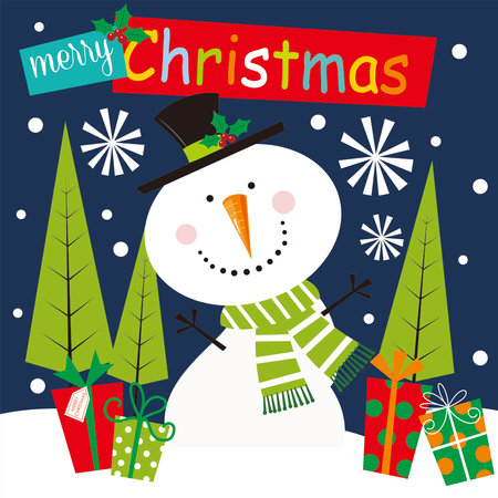 christmas card with cute snowman and treeのイラスト素材
