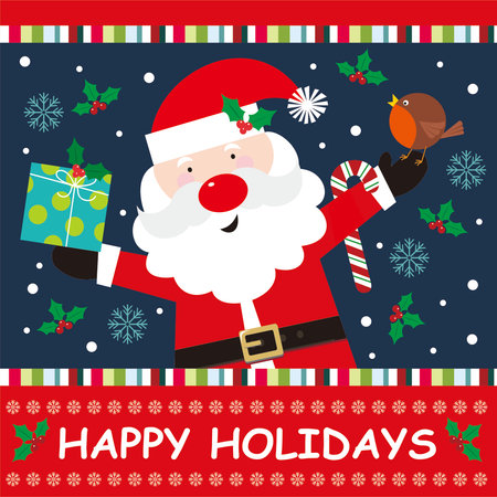 christmas card with santa claus  gift and robin birdのイラスト素材