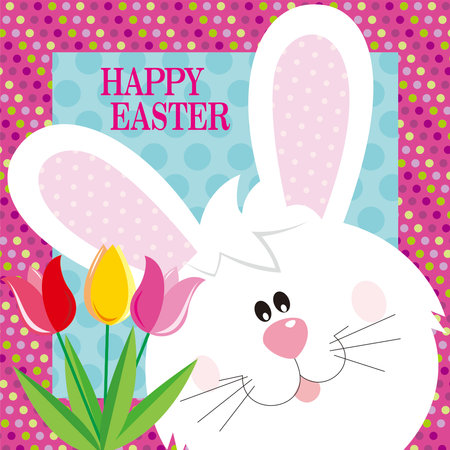 happy easter card with cute bunny and tulip flowersのイラスト素材