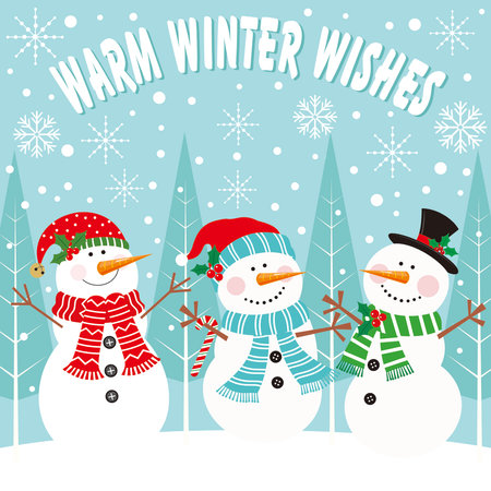 Christmas card design with cute snowman  snowflakes and christmas treeのイラスト素材