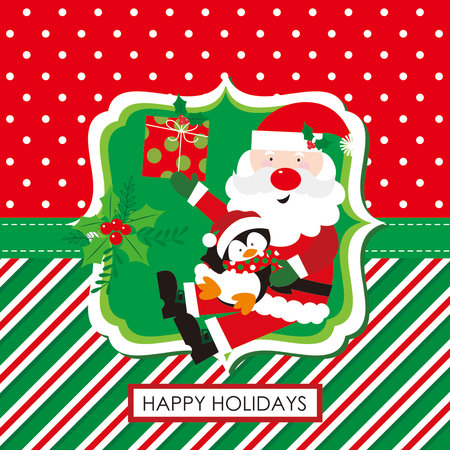 Christmas card design with cute santa, gift and penguinのイラスト素材