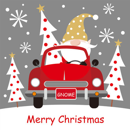 Christmas card with cute gnome and tree on the carのイラスト素材
