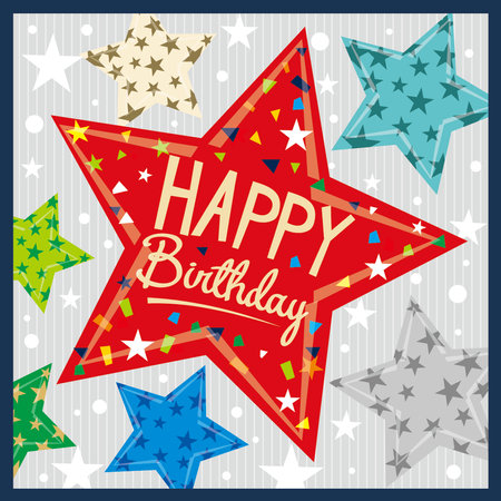 Happy birthday card design with colorful text and starsのイラスト素材