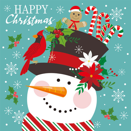 Christmas card design with cute snowman, cardinal bird and candy caneのイラスト素材