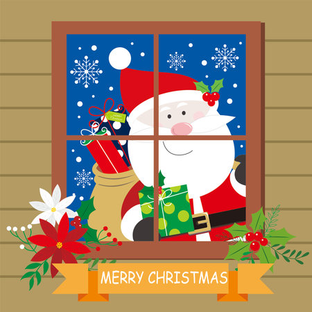 Christmas card design with cute santa and wreath on the windowのイラスト素材