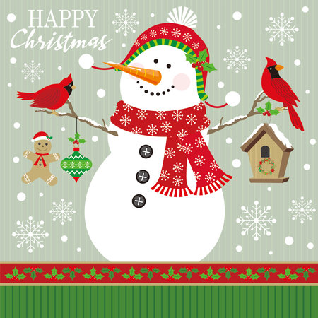 Christmas card design with cute snowman and cardinal birdのイラスト素材