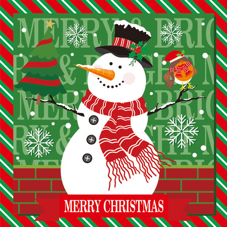Christmas card with snowman, tree and robin birdのイラスト素材