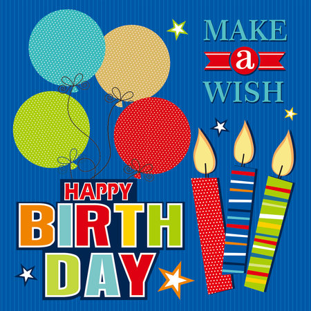 Happy birthday card design with colorful balloons and candlesのイラスト素材