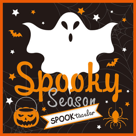 Happy Halloween card design with cute ghost, pumpkin and spiderのイラスト素材