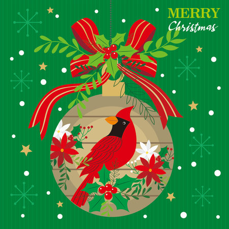 Christmas card with cardinal bird on hanging baubleのイラスト素材