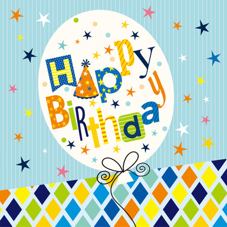 Happy birthday card design with colorful text, stars and balloonのイラスト素材