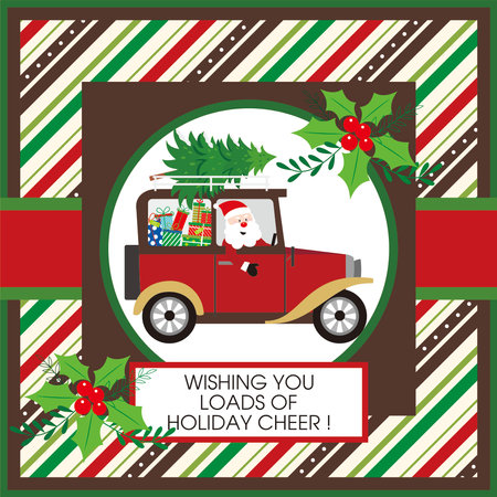 Christmas card design with Santa, gifts and tree in the carのイラスト素材