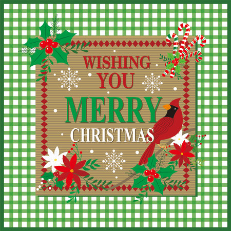 Christmas card design with cardinal bird, wreath flowers and letteringのイラスト素材