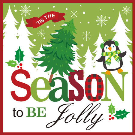 Christmas card design with tree  penguin and letteringのイラスト素材
